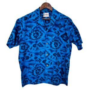 Vintage 60's Ui-Maikai 100% Cotton Hawaiian Map Tiki Tropical Shirt Large